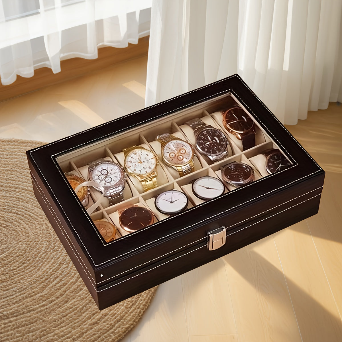Vetrina per orologi in pelle sintetica con 12 slot e coperchi trasparenti - Scatola classica rettangolare per organizzare gioielli per orologi, braccialetti e accessori, contenitore resistente per la conservazione a tavolino per casa, boutique e regali, c