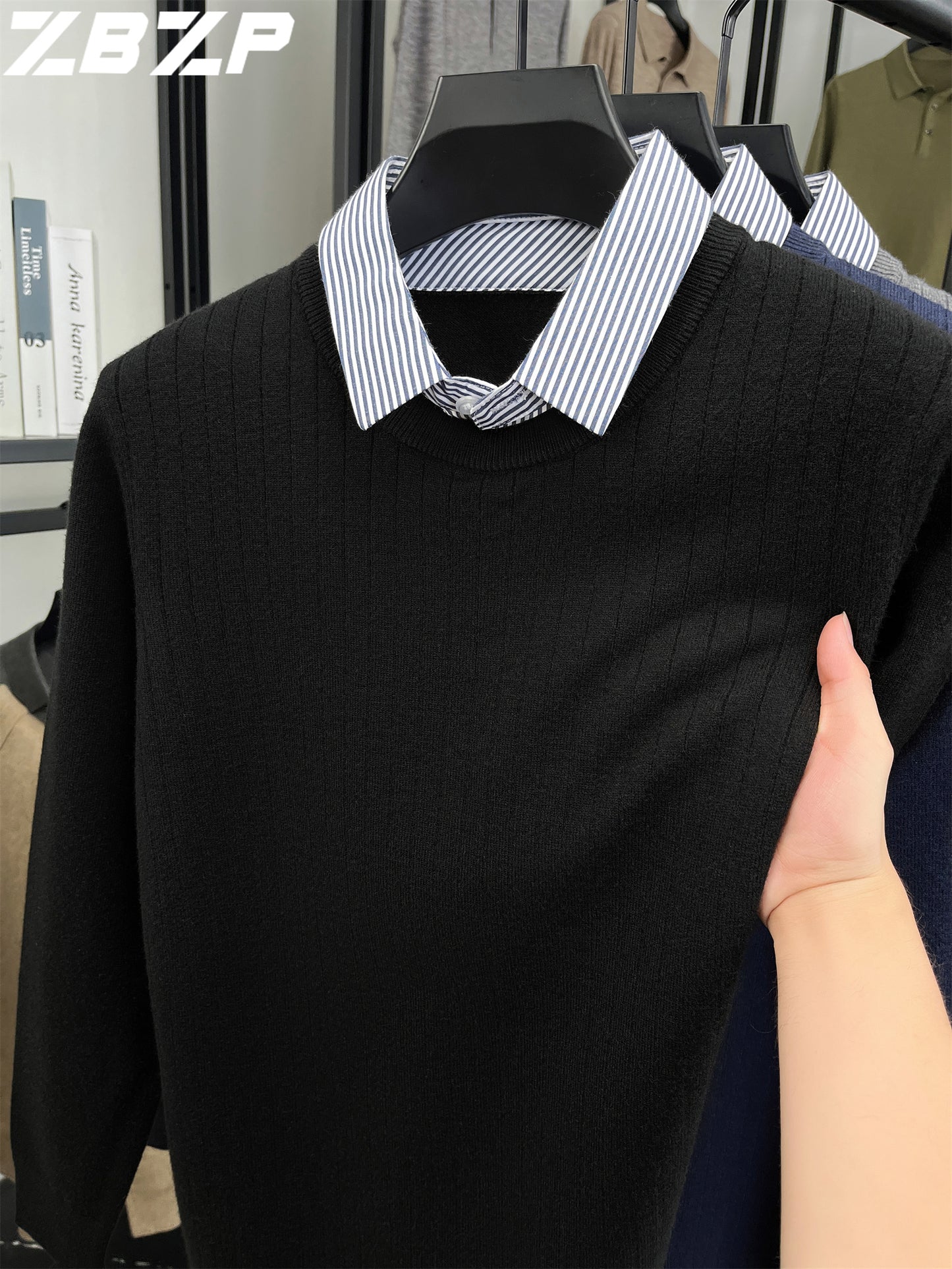 ZBZP Autunno e Inverno Maglione Spesso a Due Pezzi per Uomo con Colletto Camicia, Realizzato in 500 Grammi di Misto Velluto, Un Maglione a Maglia per Abbigliamento Maschile.