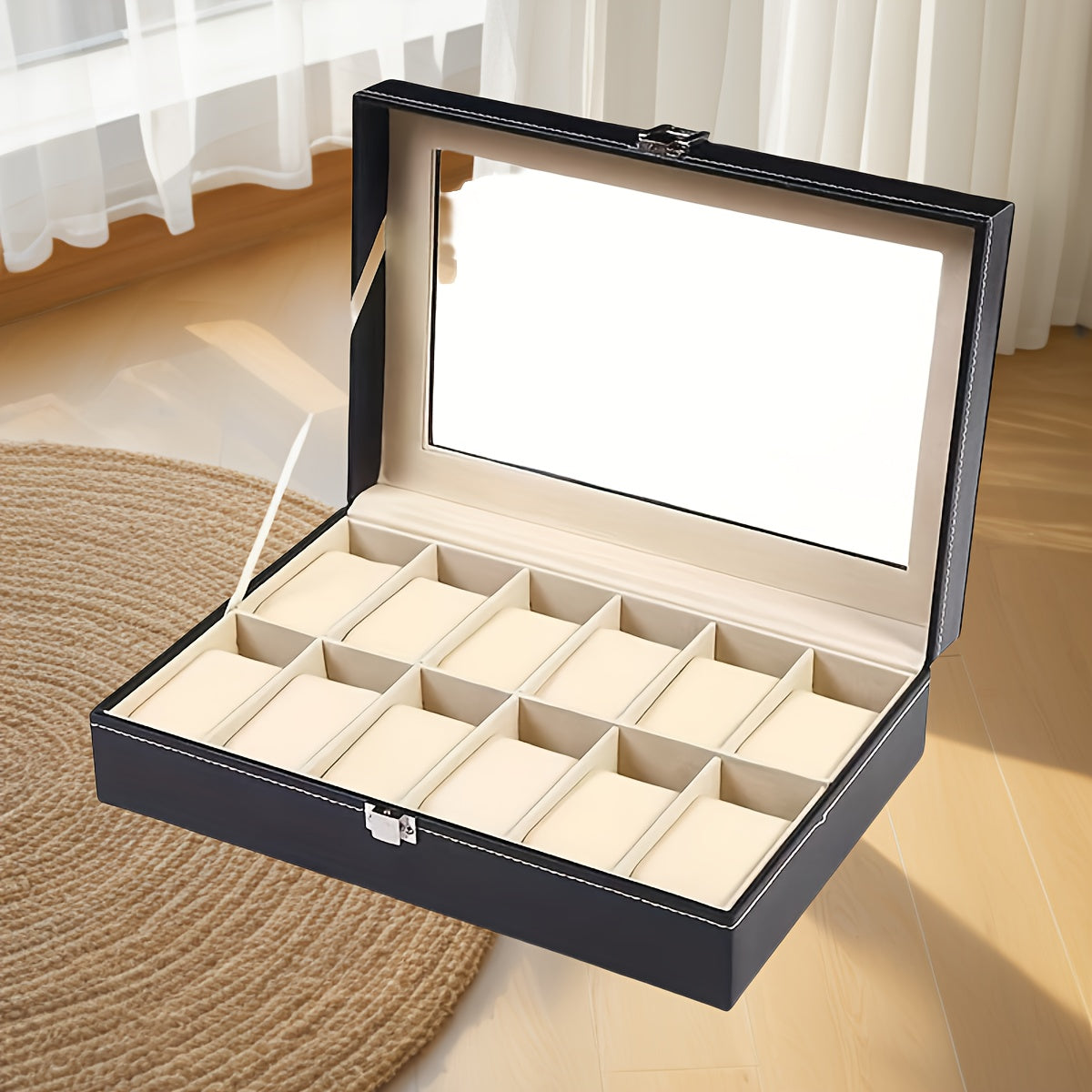 Vetrina per orologi in pelle sintetica con 12 slot e coperchi trasparenti - Scatola classica rettangolare per organizzare gioielli per orologi, braccialetti e accessori, contenitore resistente per la conservazione a tavolino per casa, boutique e regali, c