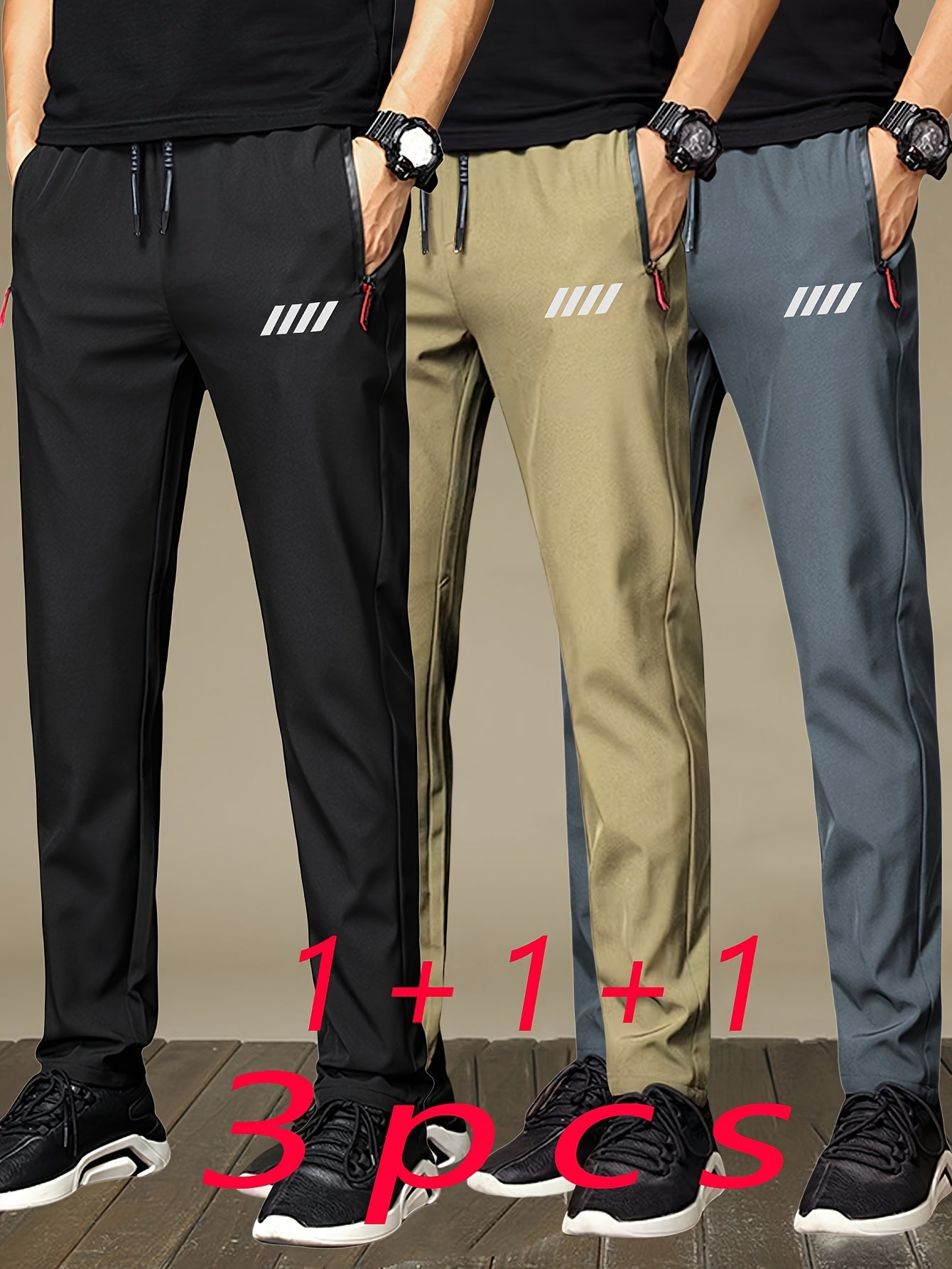 3 Pezzi di Pantaloni Sportivi da Uomo con Tasche con Cerniera, Design Stampa alla Moda, Tessuto Leggero e Traspirante per lo Sport Estivo e Abbigliamento Casual, Idea Regalo Perfetta, Pantaloni Atletici Moderni, Design Pratico delle Tasche