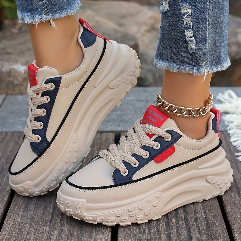 Sneakers da donna alla moda con piattaforma chunky, basse, con lacci, casual, con suola in gomma e sottopiede in microfibra, calzature da passeggio a tinta unita per tutte le stagioni