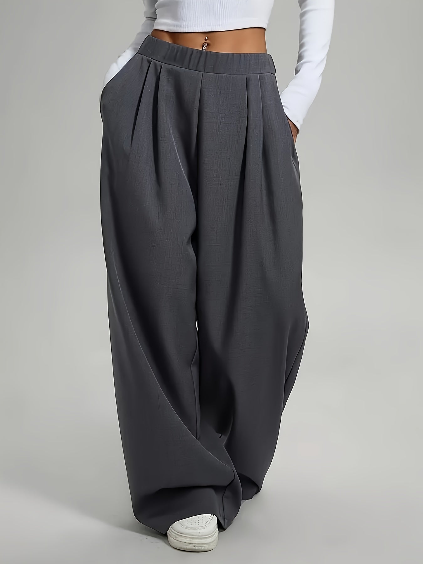 2 pezzi Pantaloni da donna eleganti a gamba larga tinta unita - Pantaloni ampi per tutte le stagioni con tasche, tinta unita e blu navy, abbigliamento casual e formale per tutte le stagioni