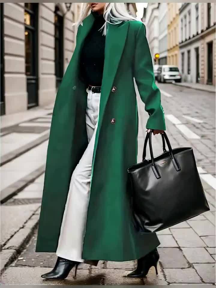 Women's Elegant Green Coat - Long Formal & Professional Outerwear, Machine Washable Winter Trench with Structured H-Silhouette for Office, Parties, Everyday - Sophisticated Outerwear, Office Ready Apparel, Smooth Texture, Durable Fabric, Office Wear, High