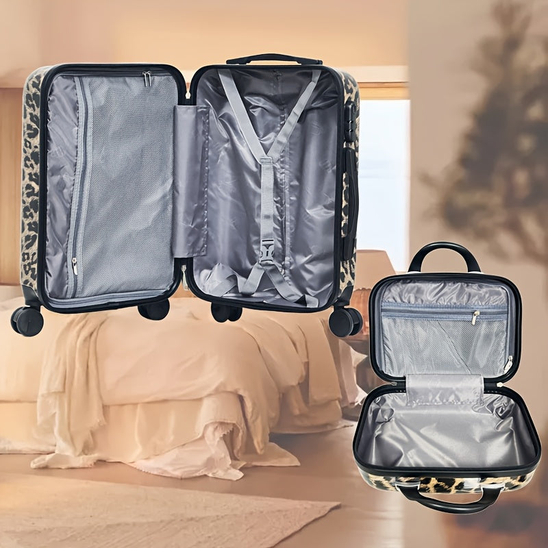 Valigia con Motivo Leopardo 14+20+24+28 14+20 Pollici con Ruote Girevoli a 360°, Borsa a Mano in Materiale ABS+pz, Confezione Regalo per Compleanno