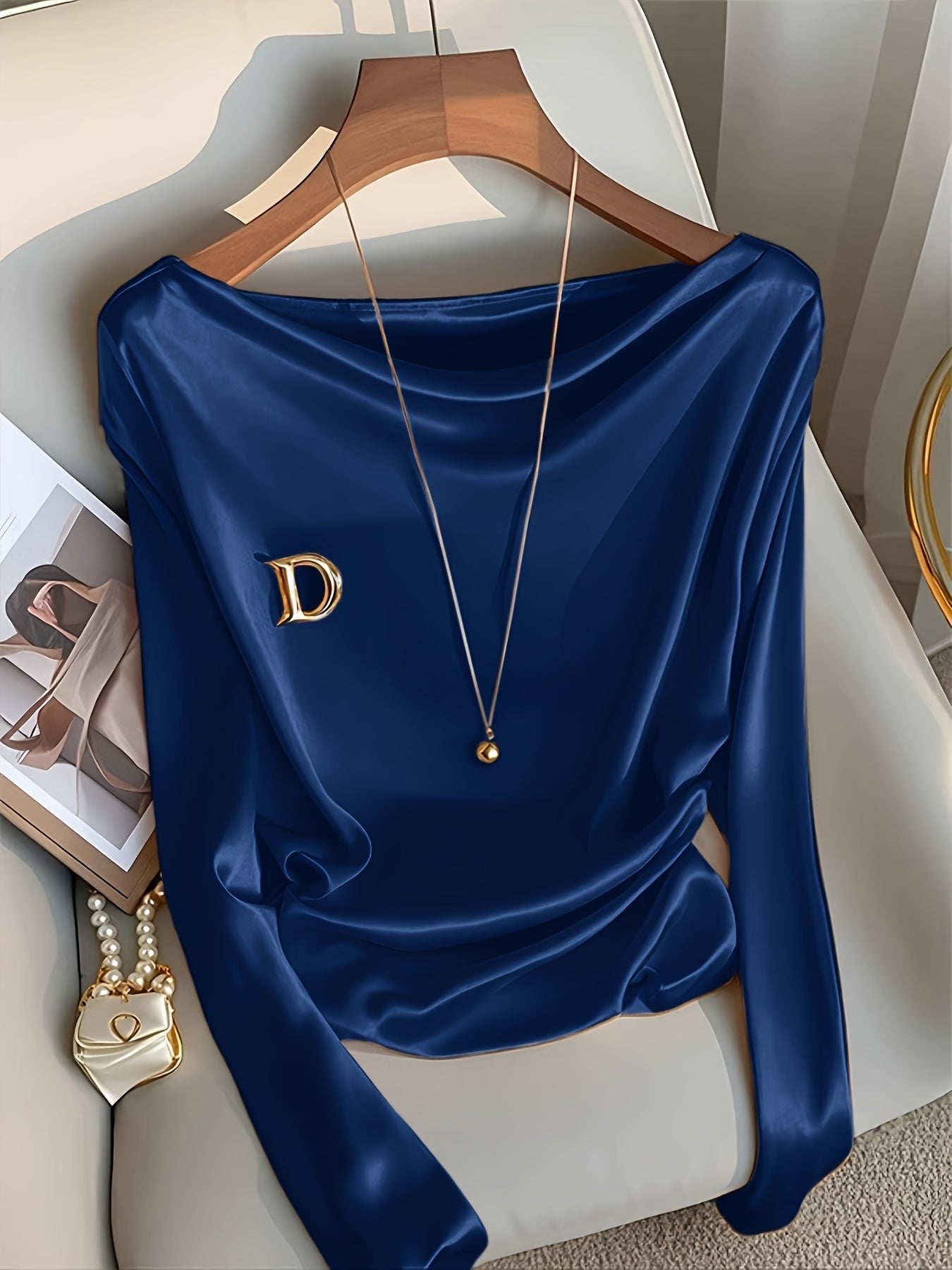 Maglietta elegante a maniche lunghe da donna - Colore solido, vestibilità slim, scollo a giro, poliestere, perfetta per feste, appuntamenti e lavoro, top elegante per tutti i giorni|Top a maniche lunghe e sottili|Tessuto in poliestere