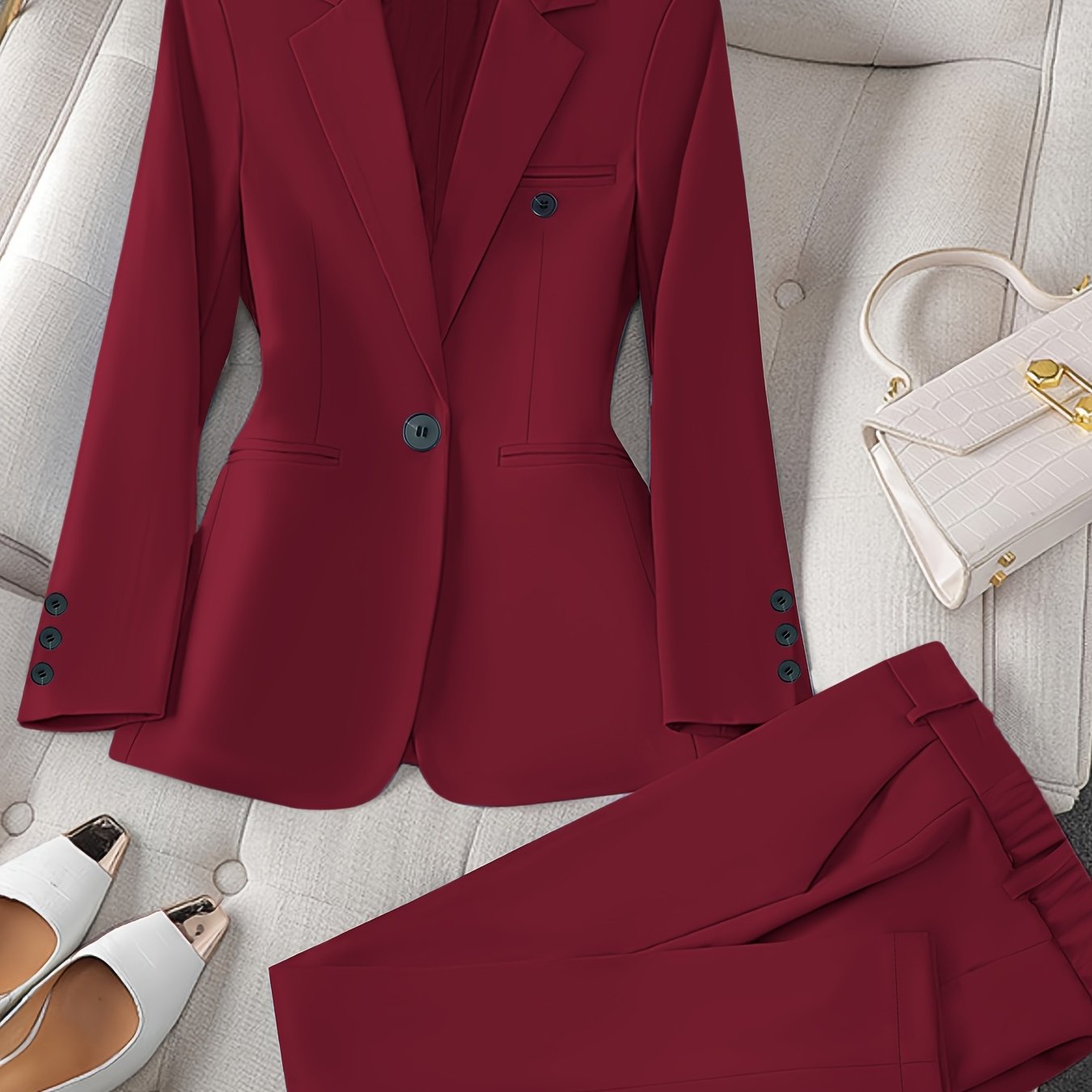 Women'S Casual Two-Piece Set, Stylish Business Solid Color Long Sleeve Suit Jacket and Pants Set, Polyester, Lapel Collar, Regular Fit, All Season, with Optional Handbag and Earrings, for Fashionable Workwear, Business Attire|Sleek Formal Attire|Polyester