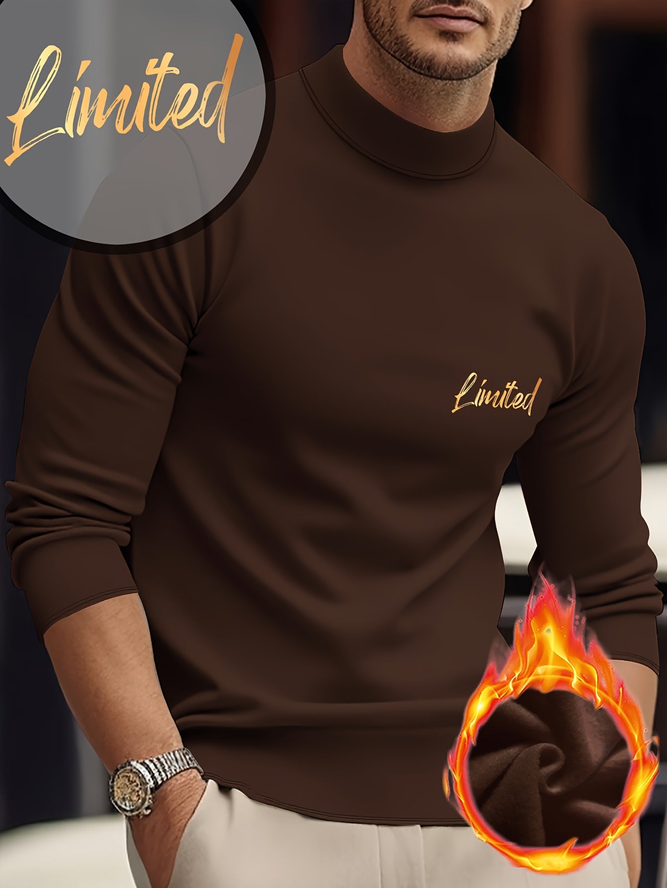 Maglietta termica a maniche lunghe e girocollo per uomo - Stampa geometrica, elastica e calda, design sportivo casual per l'autunno/inverno, bianca con lettere dorate, perfetta per sovrapporre o come outfit standalone, abbigliamento invernale | Maniche lu