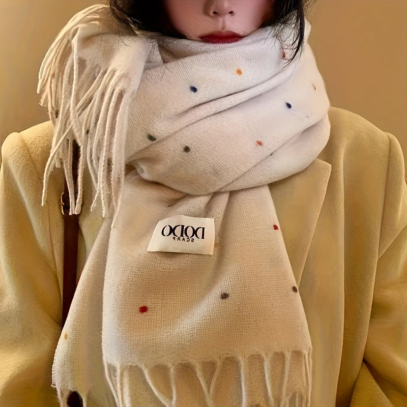 Sciarpa Donna Retro Beige e Bianca - Scialle Elastico, Accessorio Invernale Antivento, Morbida Sciarpa Collo in Poliestere per Look Casual e Serali (Lavaggio a Mano/Lavaggio a Secco) - Puntini Bianco Crema, Scialle Beige Versatile