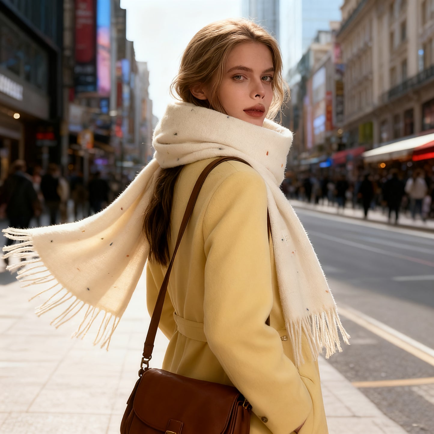 Sciarpa Donna Retro Beige e Bianca - Scialle Elastico, Accessorio Invernale Antivento, Morbida Sciarpa Collo in Poliestere per Look Casual e Serali (Lavaggio a Mano/Lavaggio a Secco) - Puntini Bianco Crema, Scialle Beige Versatile