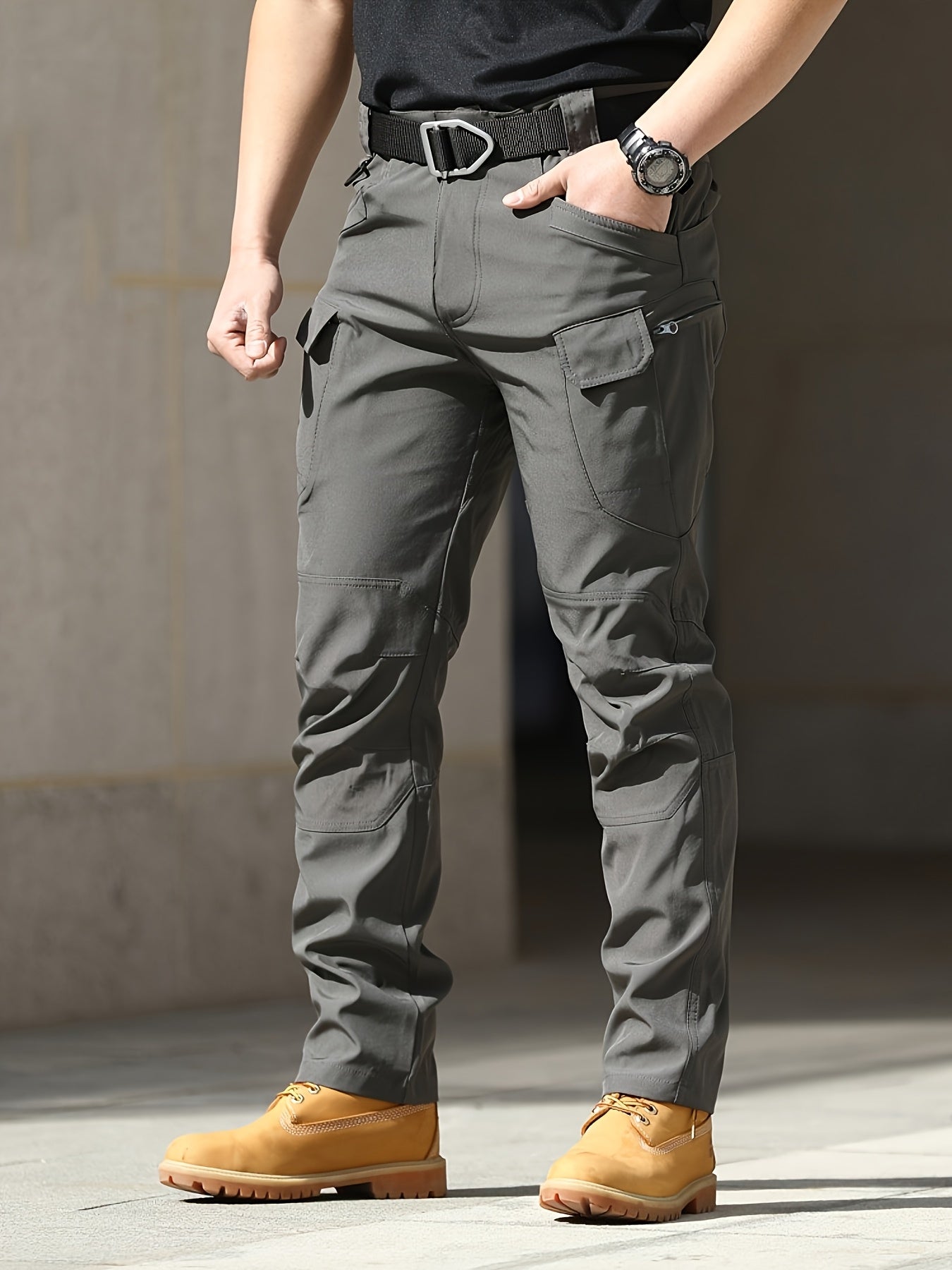 Pantaloni da lavoro cargo neri elasticizzati da uomo - vita elastica, design multi-tasca per escursionismo e comodità quotidiana, aderenza e comodità, pantaloni da esterno|pantaloni cargo casuali|pantaloni con finitura lucida