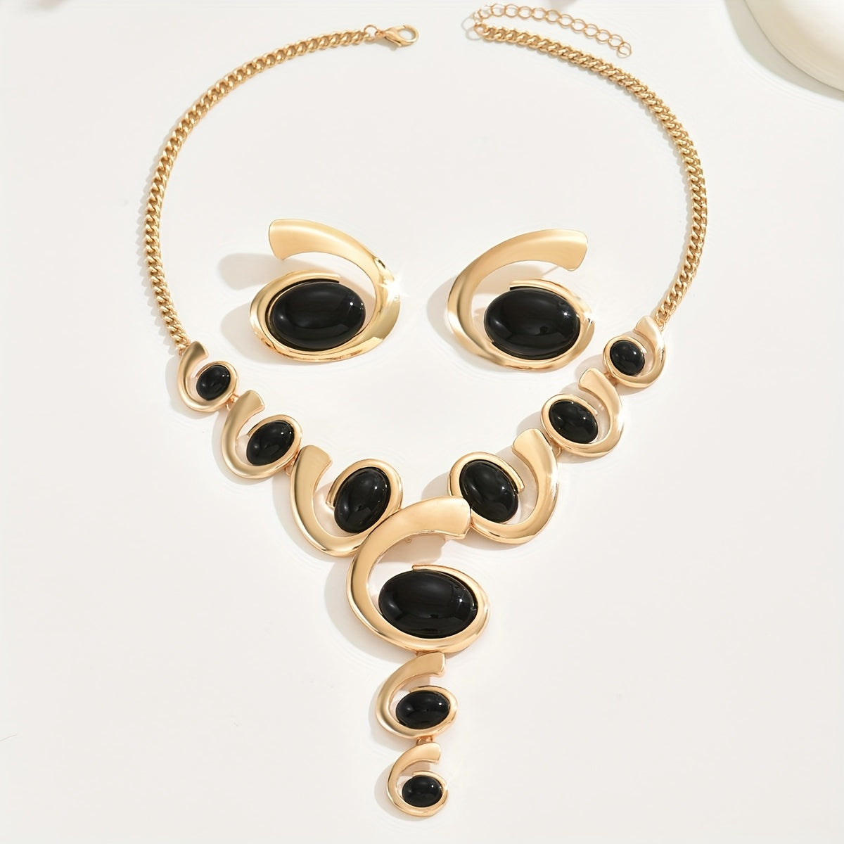 1 Set Boho Classic 2 pezzi Set di gioielli da donna, forma a spirale con intarsi di strass neri, collana a Y e orecchini, lega, versatile per l'uso quotidiano e per le feste