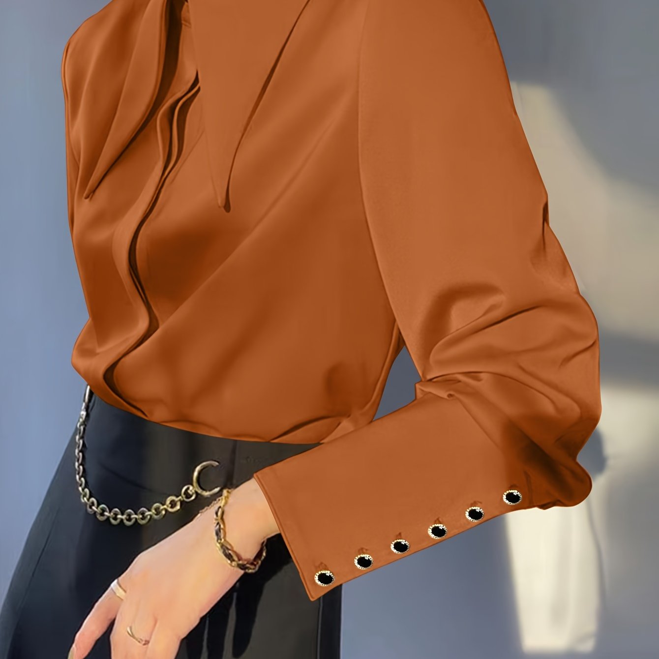 Maglia Casual Donna a Maniche Lunghe con Collo a Revers Tinta Unita