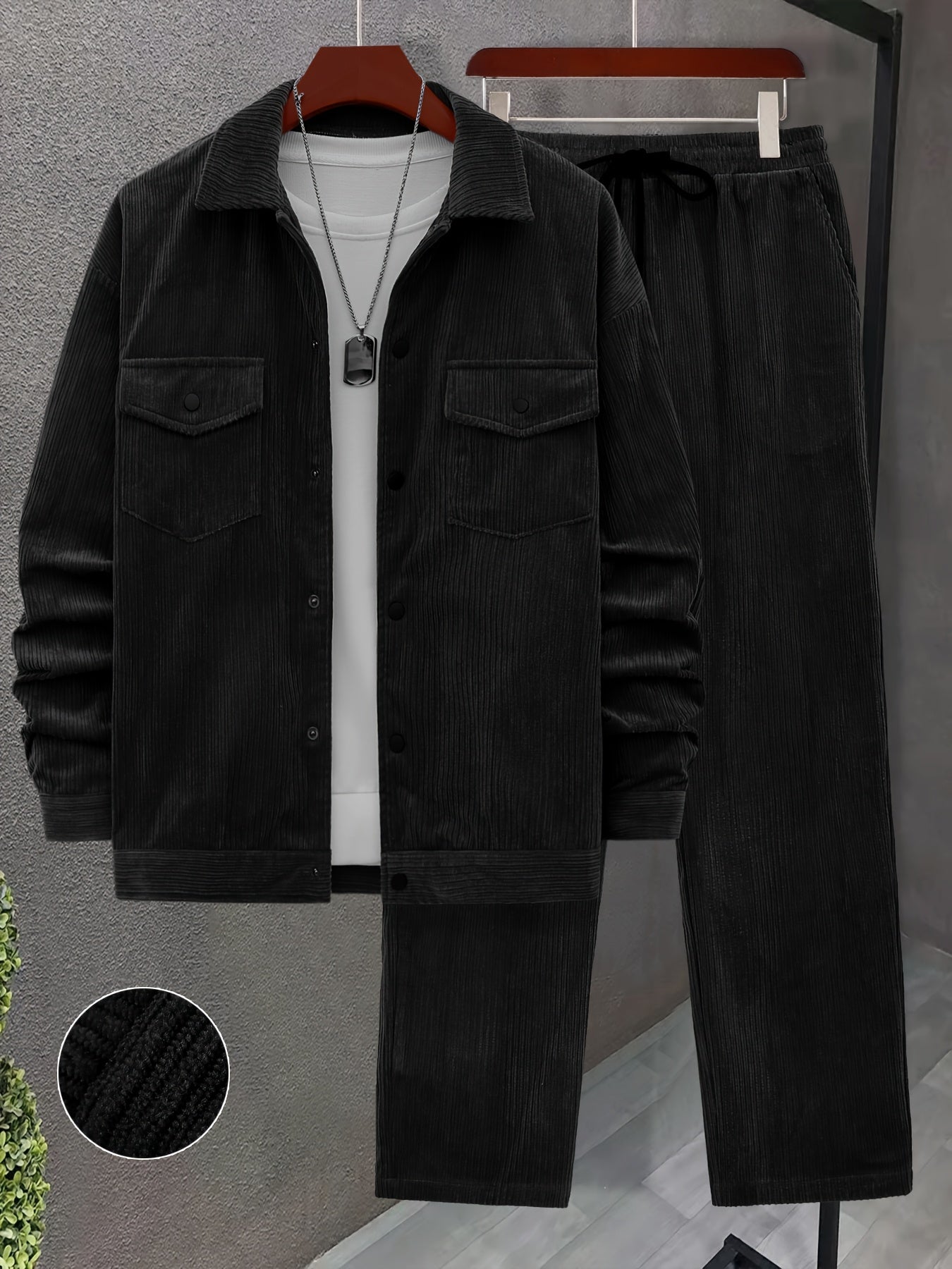 Set autunnale e invernale da uomo 2 pezzi con tessuto a coste intrecciate, tasche a doppia lavorazione, giacca a maniche lunghe e pantaloni larghi con coulisse, abito maturo per uscite casuali/ufficio/appuntamenti, 100% poliestere, lavabile a mano e in la