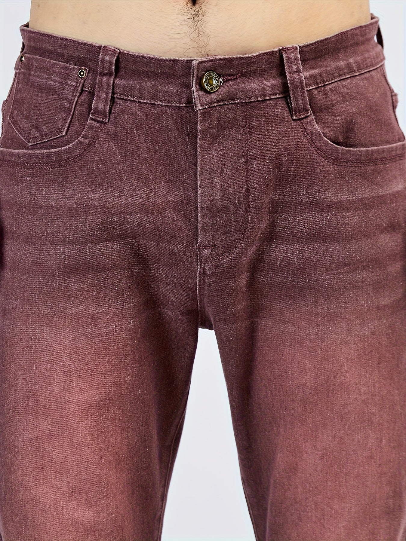 1pezzo Pantaloni casual da uomo slim-fit in denim sintetico, con chiusura a bottoni, comodi per tutte le stagioni, lavaggio leggero, kaki, versatili per abbigliamento casual, abbigliamento confortevole | Slim Fit Faux Denim | Tessuto resistente