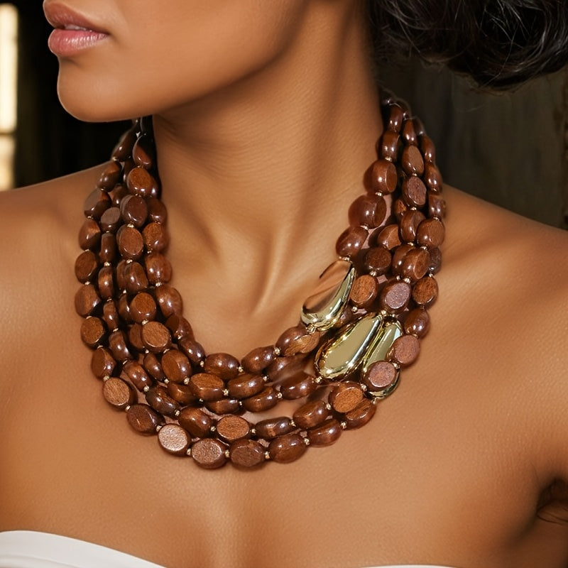 1pz Collana Bohemien Vintage Fatta a Mano con Perline Multistrato - Perle Marroni e Accenti Dorati, Gioiello Stratificato per Donne, Accessorio Quotidiano e da Festa, Regalo Chic Culturale, Stile Etnico, Testura Naturale, Perle in Legno Riciclato
