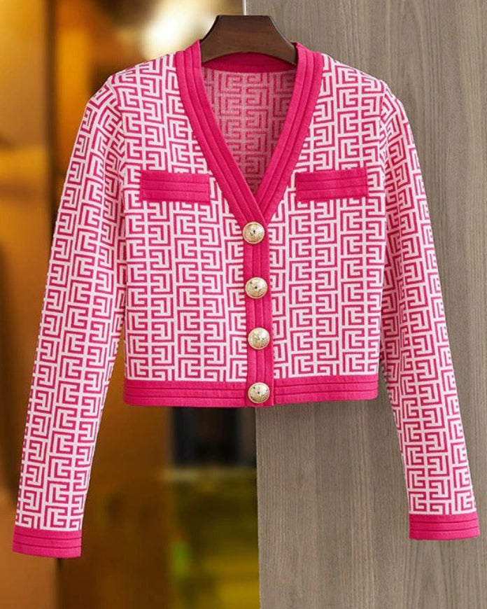 Pink Jacquard V-Neck Gold Button Sweater