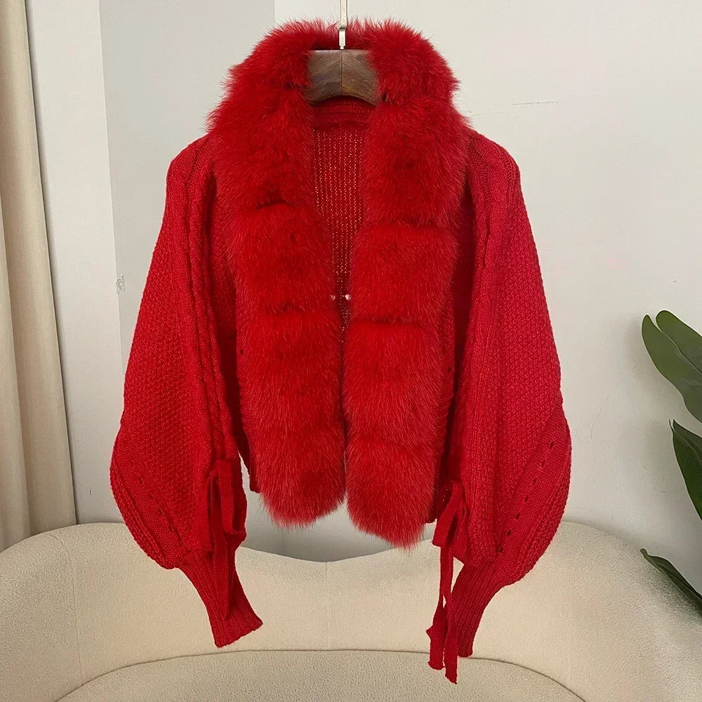 2024 Winter Nieuwe Mode Breien Vest Knoopsluiting Jas Vrouwen Casual Echte Vos Bontjas Korte Warme Gebreide Jas Met Natuurlijke Bont