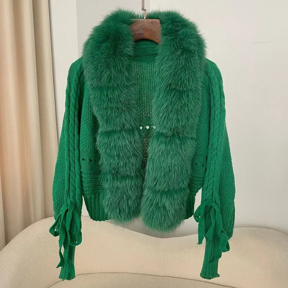 2024 Winter Nieuwe Mode Breien Vest Knoopsluiting Jas Vrouwen Casual Echte Vos Bontjas Korte Warme Gebreide Jas Met Natuurlijke Bont