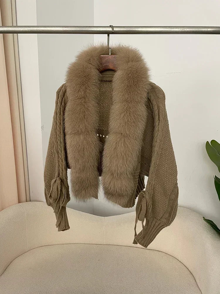 2024 Winter New Fashion Knitting Cardigan Placket Coat Women Casual Real Fox Fur Coat Short Warm Knitted Jacket with Natural Fur