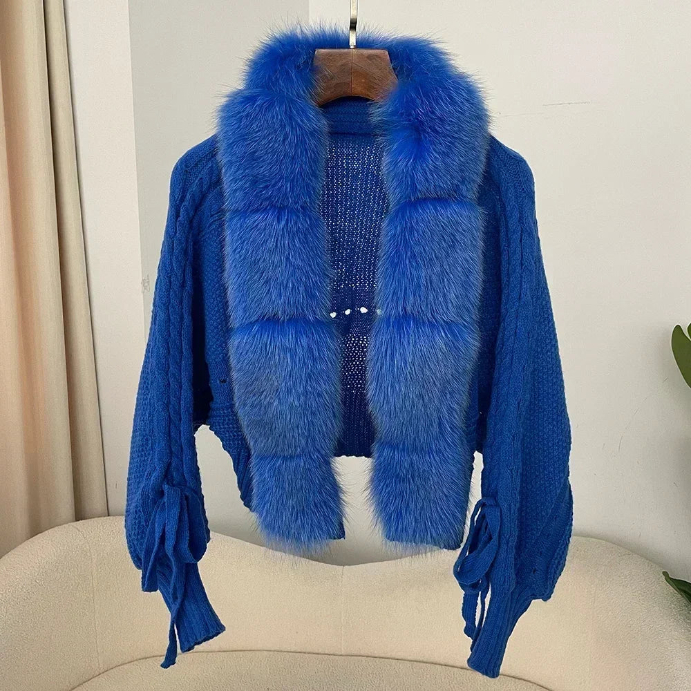 2024 Winter Nieuwe Mode Breien Vest Knoopsluiting Jas Vrouwen Casual Echte Vos Bontjas Korte Warme Gebreide Jas Met Natuurlijke Bont