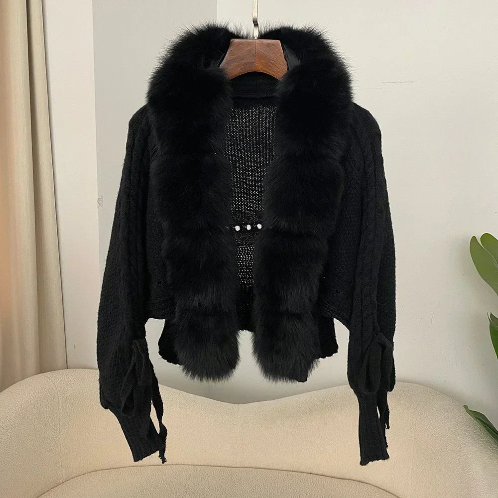 2024 Winter Nieuwe Mode Breien Vest Knoopsluiting Jas Vrouwen Casual Echte Vos Bontjas Korte Warme Gebreide Jas Met Natuurlijke Bont