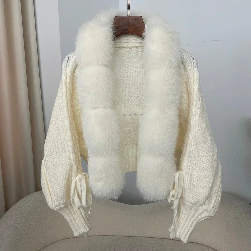 2024 Winter Nieuwe Mode Breien Vest Knoopsluiting Jas Vrouwen Casual Echte Vos Bontjas Korte Warme Gebreide Jas Met Natuurlijke Bont