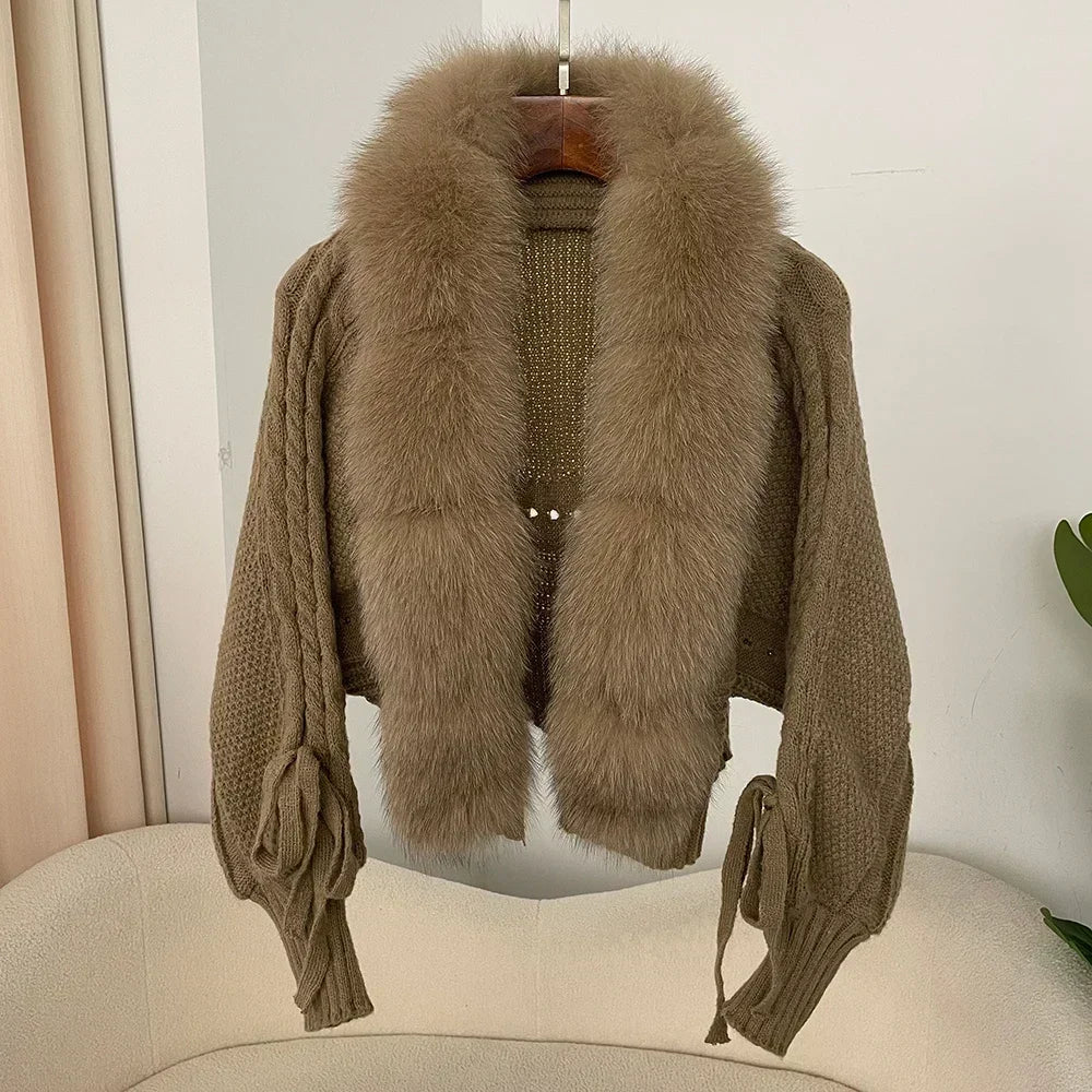 2024 Winter Nieuwe Mode Breien Vest Knoopsluiting Jas Vrouwen Casual Echte Vos Bontjas Korte Warme Gebreide Jas Met Natuurlijke Bont