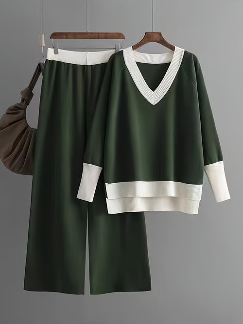 Set casual da donna in due pezzi: maglione a V con scollo e pantaloni larghi e a vita bassa - Verde con dettagli bianchi, perfetto per la primavera/autunno