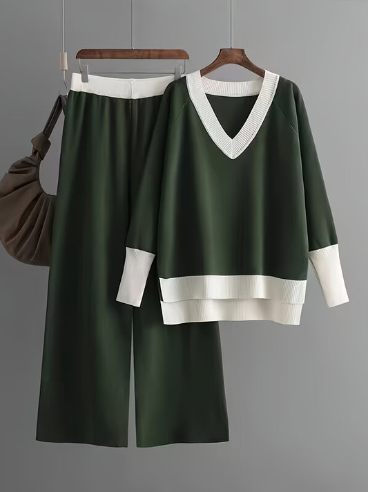 Set casual da donna in due pezzi: maglione a V con scollo e pantaloni larghi e a vita bassa - Verde con dettagli bianchi, perfetto per la primavera/autunno