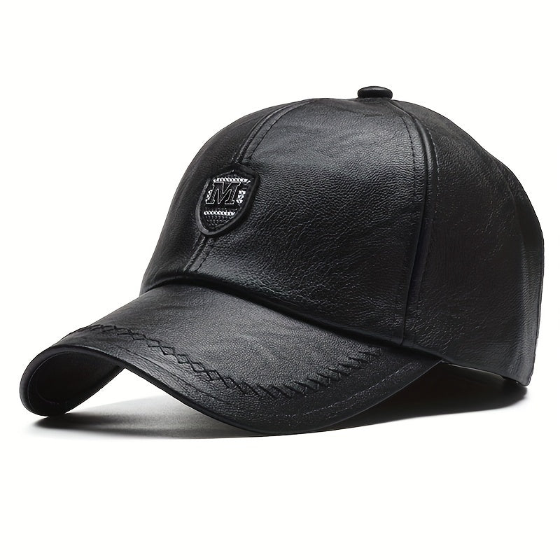 1 Cappello da baseball nero in pelle sintetica con visiera regolabile - Leggero, resistente e traspirante per attività all'aperto, viaggi, feste in spiaggia e abbigliamento casual, cappello da moda primaverile | Cappello da baseball regolabile | Equipaggi