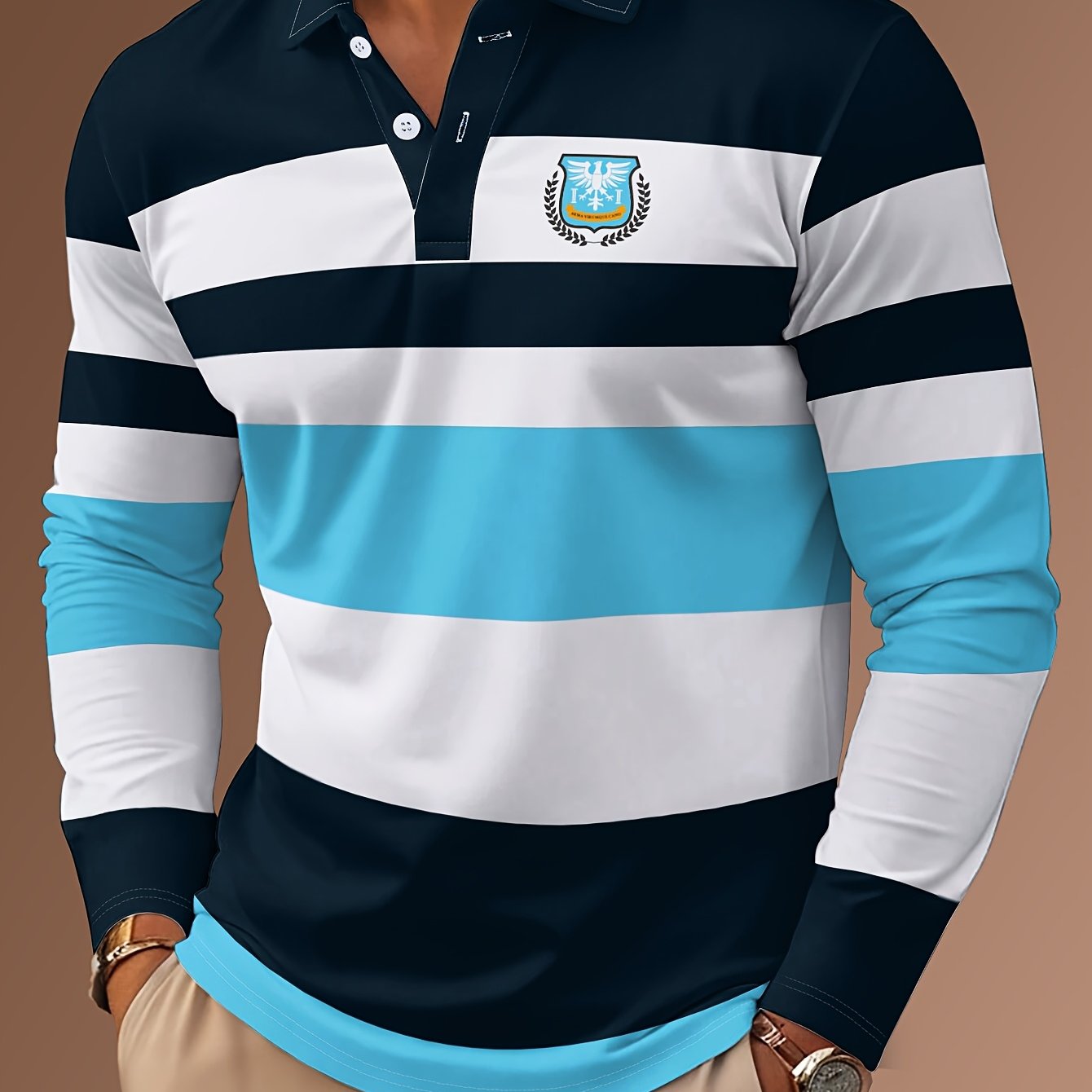 Maglietta polo casual da uomo a maniche lunghe con stampa digitale 3D - Design a righe nere e bianche, colletto con bottoni, vestibilità regolare per abbigliamento casual, abbigliamento confortevole | Stile polo classico | Abbigliamento casual resistente,