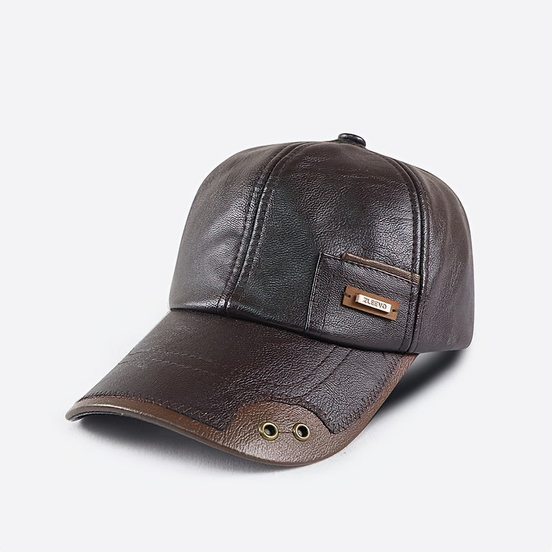1pz Cappello da baseball casual in similpelle da uomo, cappello invernale alla moda regolabile con fodera in pile per persone di mezza età e anziani