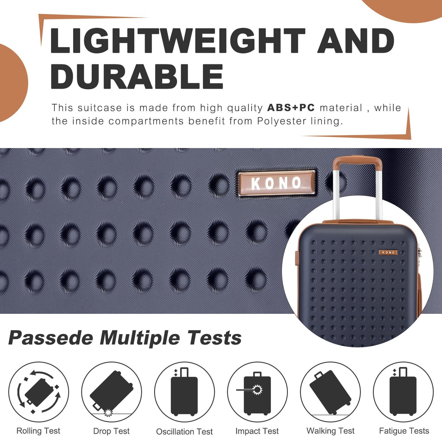Set di 4 Valigie da 14/20/24/28 pollici Kono Elegante in ABS+PC a Pois con Guscio Rigido e Serratura TSA, Set di 4 Pezzi con Valigetta da Toilette, Bagagli da Viaggio Durevoli con Serratura TSA e Ruote Silenziose