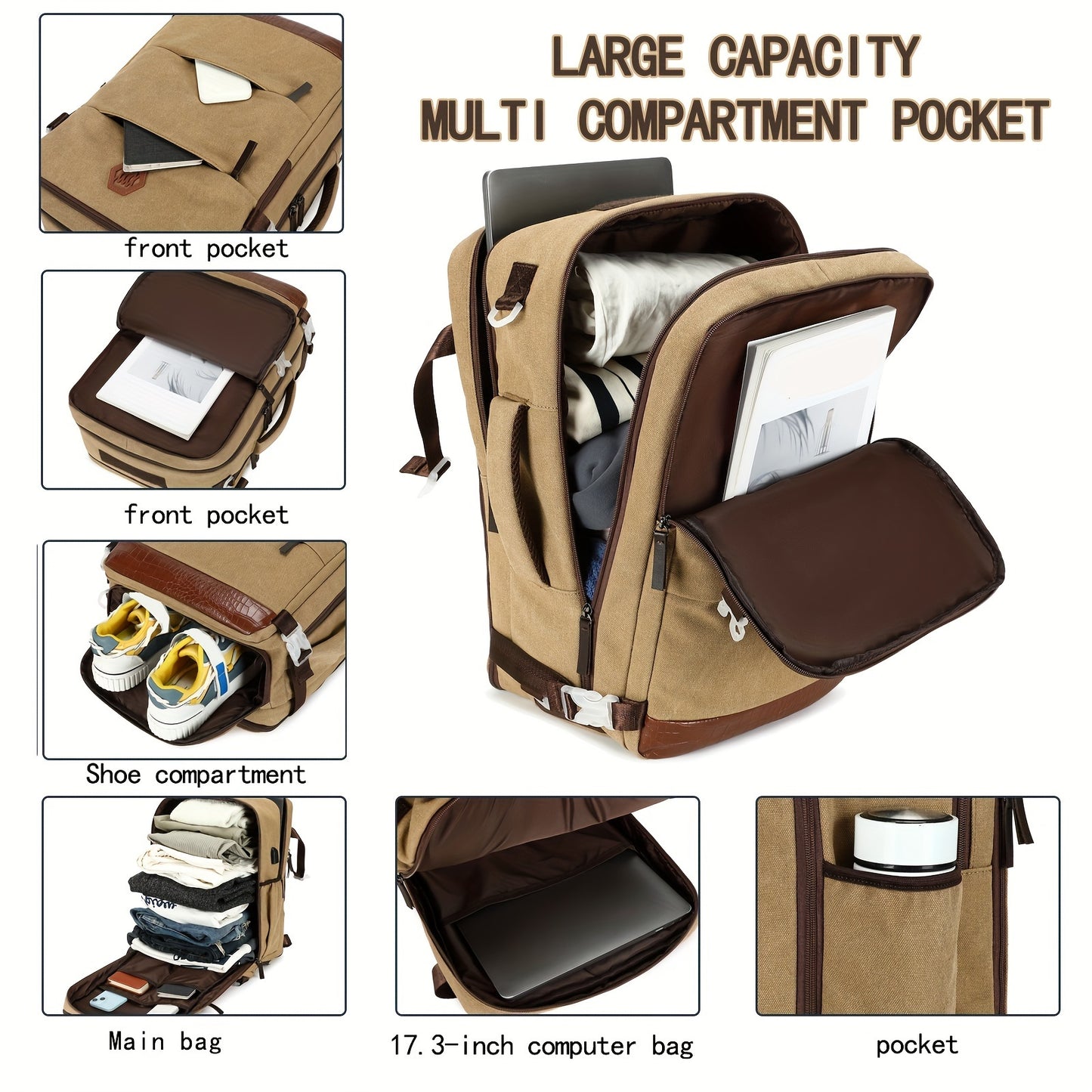 Zaino da Viaggio Approvato dalle Compagnie Aeree con Porta di Ricarica USB, Scomparto per Scarpe e Custodia per Laptop da 99,8 cm - Borsone Leggero per Università Uomini e Donne, Design Marrone & Beige, Spallacci Regolabili, Tasche Multiple, Solo Lavaggio