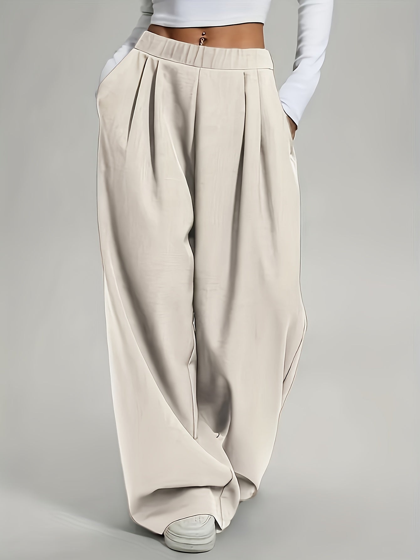 2 pezzi Pantaloni da donna eleganti a gamba larga tinta unita - Pantaloni ampi per tutte le stagioni con tasche, tinta unita e blu navy, abbigliamento casual e formale per tutte le stagioni
