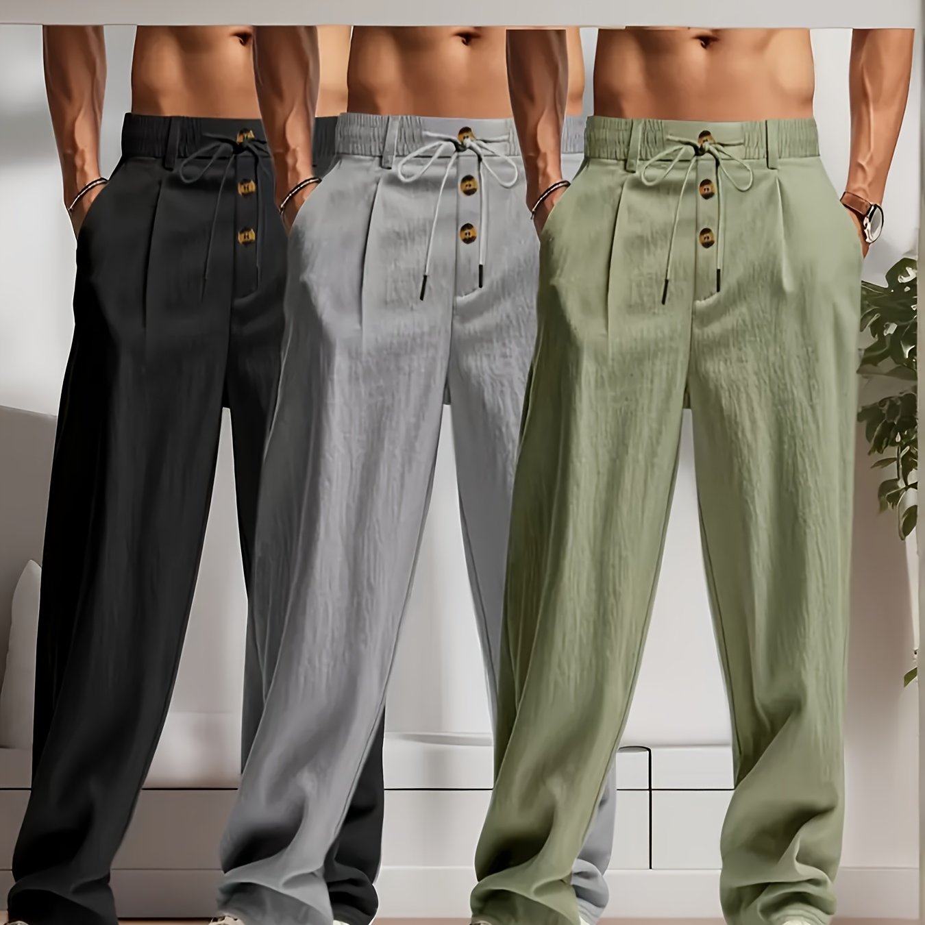 3pcs Pantaloni Casual in Lino Leggeri da Uomo - Vestibilità Rilassata Traspirante con Vita Elastica e Chiusura a Bottone, Tessuto Non Elasticizzato per Abbigliamento da Spiaggia Esterno, Comfort Tutte le Stagioni (Beige/Verde/Azzurro), Pantaloni da Spiagg