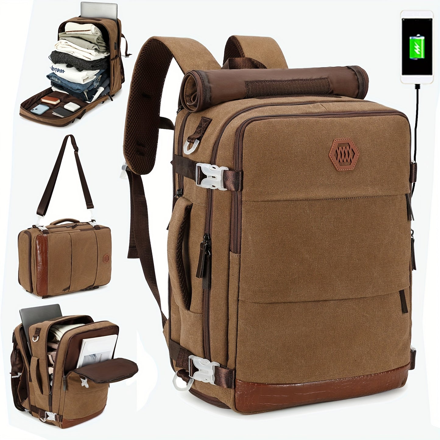 Zaino da Viaggio Approvato dalle Compagnie Aeree con Porta di Ricarica USB, Scomparto per Scarpe e Custodia per Laptop da 99,8 cm - Borsone Leggero per Università Uomini e Donne, Design Marrone & Beige, Spallacci Regolabili, Tasche Multiple, Solo Lavaggio