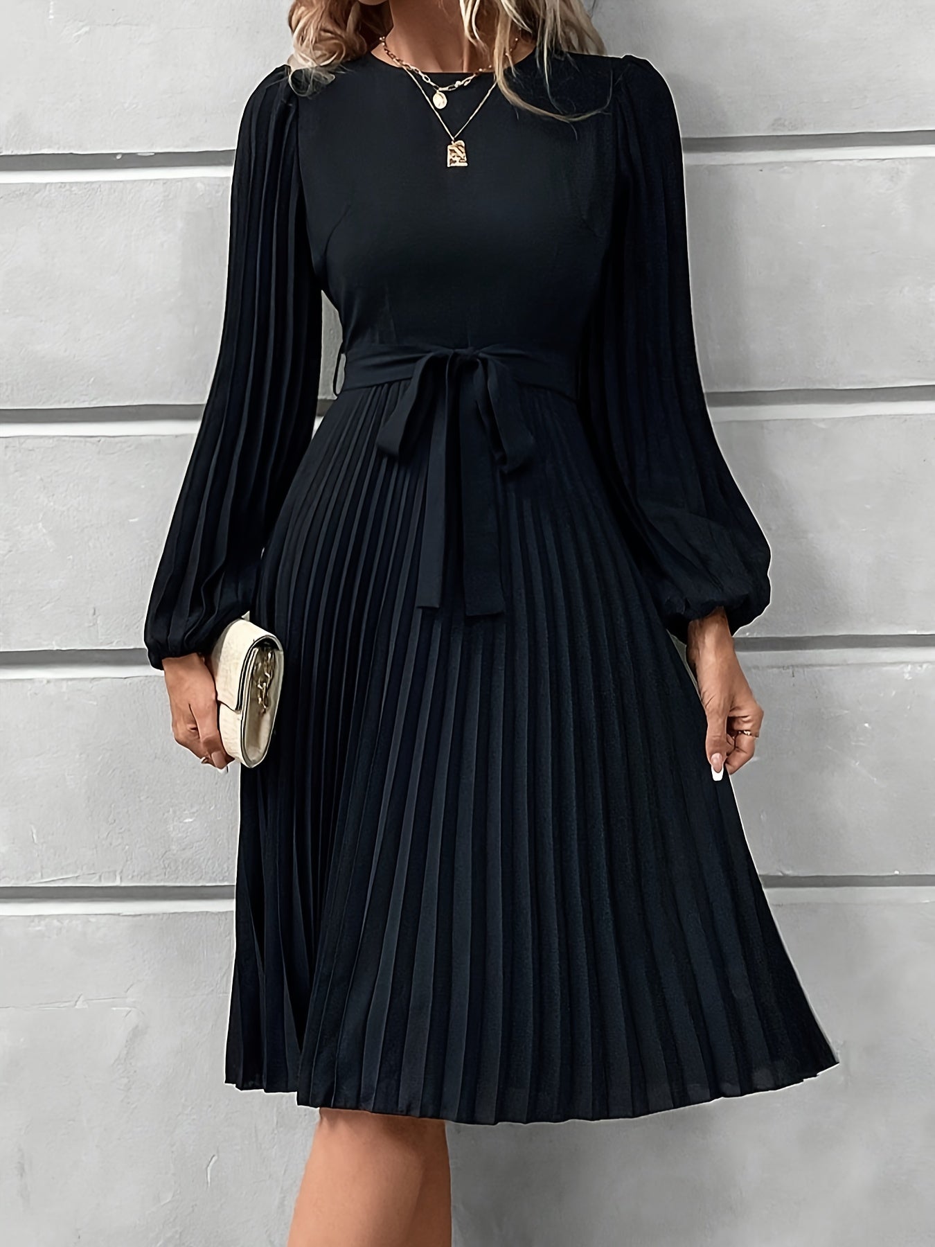 Women'S Elegant Formal & Everyday dress - Long Lantern Sleeves, Adjustable Waist Tie Belt, Flattering A-Line Silhouette, Knee-Length Party Wedding Office Outfit in - Easy-Care Women'S Clothing, Versatile Wardrobe Staple, Sophisticated Pleated Skirt, Durab