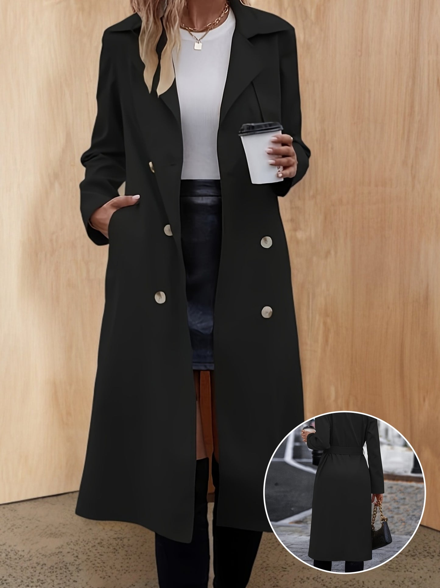 Double Button Long Sleeve Belted Trench Coat, Stylish Solid Color Lapel Collar Pocket Trench Coat For Fall, Women's Clothing