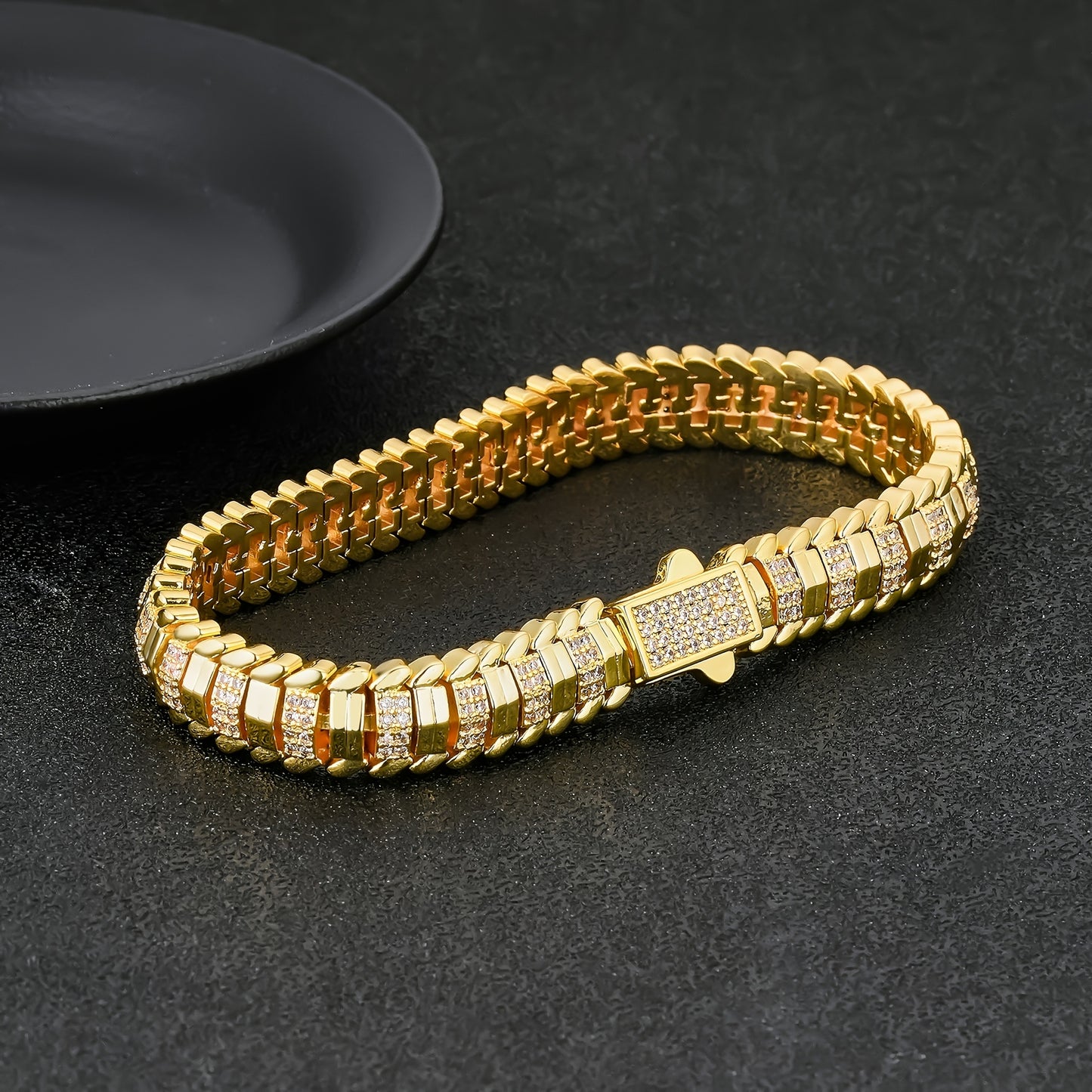 1pz ICEDCHICS Braccialetto Hip Hop 9mm Osso di Serpente Poligonale - Tonalità Dorata con Pietre Sintetiche Scintillanti, Gioielleria Unisex per Natale, San Valentino e Anniversari, Stile Catena Audace, Finitura di Alta Qualità