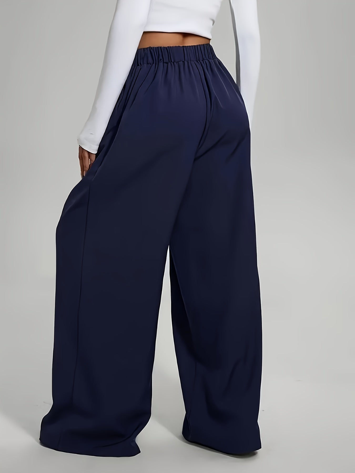 2 pezzi Pantaloni da donna eleganti a gamba larga tinta unita - Pantaloni ampi per tutte le stagioni con tasche, tinta unita e blu navy, abbigliamento casual e formale per tutte le stagioni