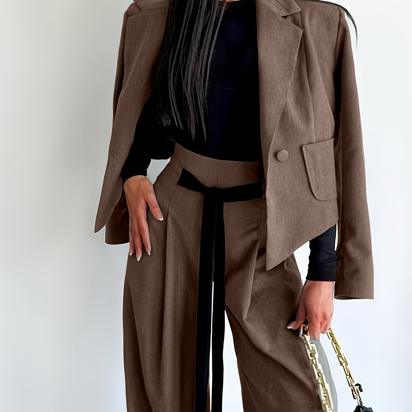 BK052044 Elegant Suit Jacket and Waist-Tie Loose Straight-Leg Wide-Leg Pants Women's Two-Piece Suit