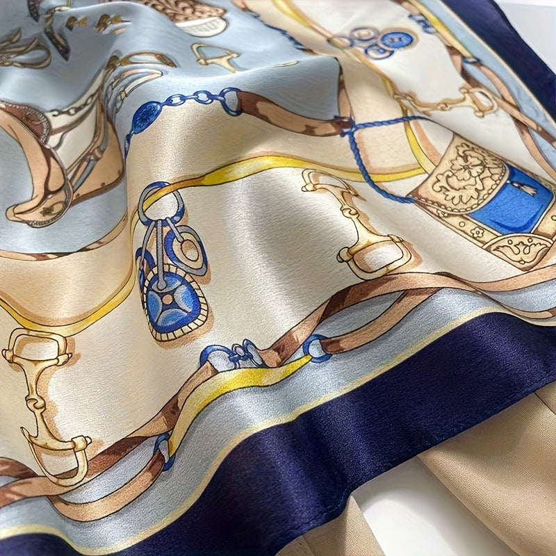 Sciarpa in seta 100% mulberry - 53cm elegante sciarpa decorativa quadrata, traspirante e non elasticizzante, lavabile in lavatrice, beige con accenti blu e dorati per accessori di moda all'aperto, sciarpa decorativa | Accessorio elegante | Tessuto in seta
