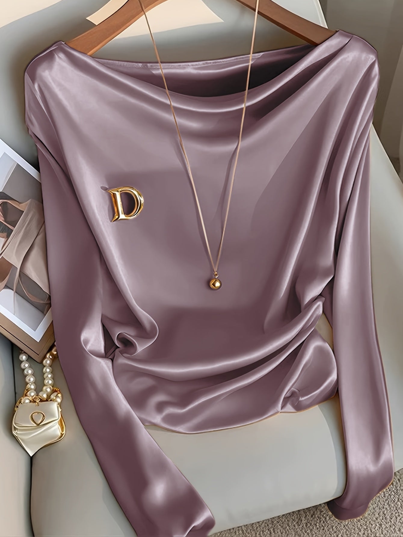 Maglietta elegante a maniche lunghe da donna - Colore solido, vestibilità slim, scollo a giro, poliestere, perfetta per feste, appuntamenti e lavoro, top elegante per tutti i giorni|Top a maniche lunghe e sottili|Tessuto in poliestere