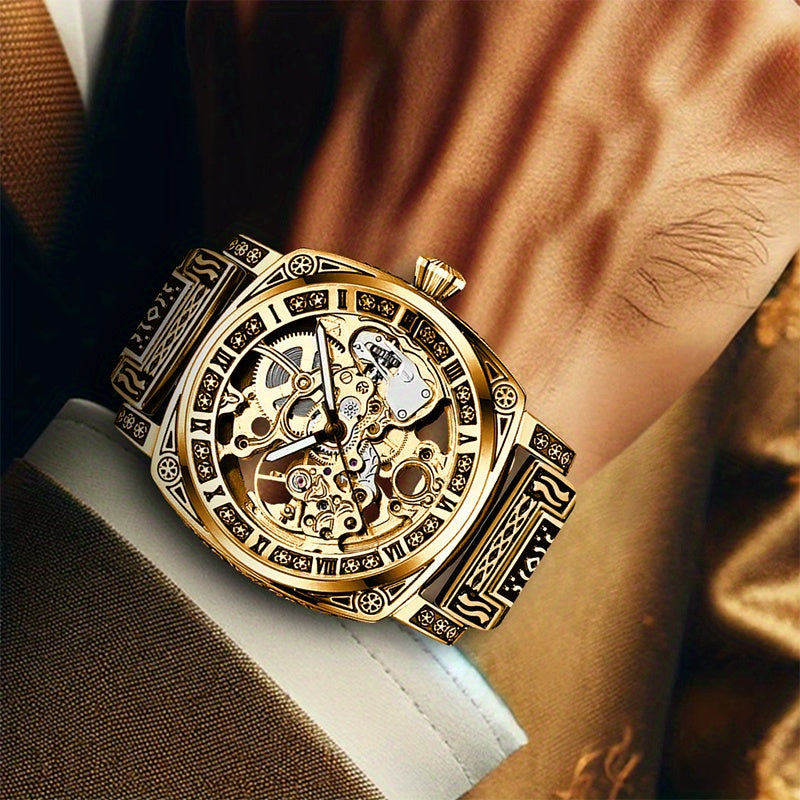 1pc Orologio meccanico creativo a striscia di acciaio giallo per uomo giovane, senza batteria