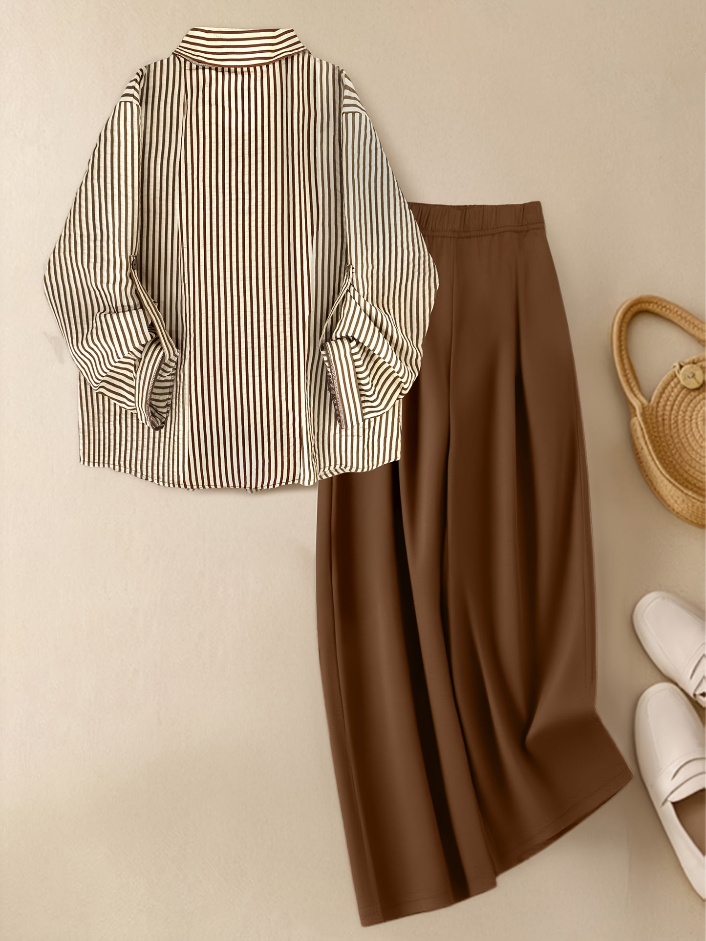Set di 3 pezzi per donna: top a righe alla moda, camicia, gilet tinta unita e pantaloni larghi comodi, outfit elegante ma casuale, completo da lavoro femminile, abbigliamento trendy ed adatto al contesto professionale. Combinazione versatile con maglia à