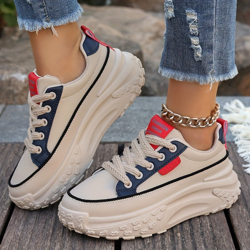 Sneakers da donna alla moda con piattaforma chunky, basse, con lacci, casual, con suola in gomma e sottopiede in microfibra, calzature da passeggio a tinta unita per tutte le stagioni