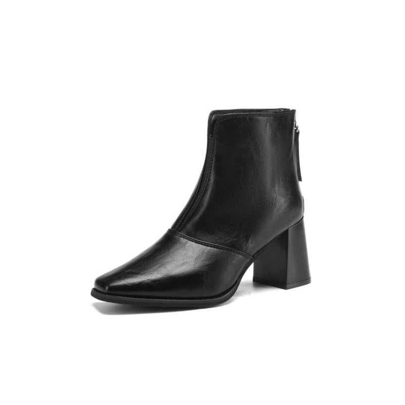 Stivali alla caviglia da donna con tacco grosso autentico - Marroni, punta rotonda, chiusura con zip, stivali comodi con tacco medio per outfit casual e formali, calzature versatili autunno inverno, calzature formali, design elegante dello stivale, suola