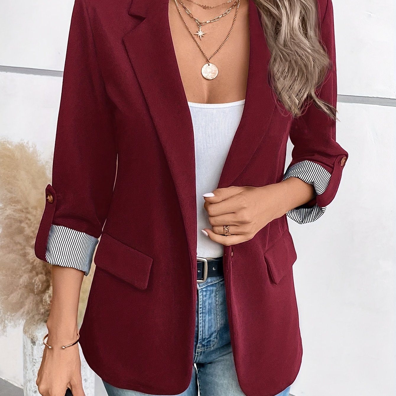 Elegant Women's Navy Blue Blazer - Chic Three-Quarter Sleeve, Polyester, Button Front with Decorative Golden Star, Machine Washable - Perfect for Office & Casual Spring/Summer Outfits