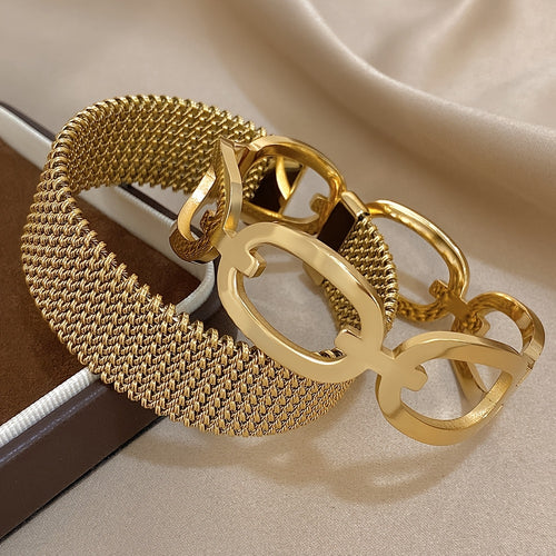 Set di 2 braccialetti eleganti in acciaio inossidabile 304 - Design di anello a vuoto chic, finitura dorata, regalo perfetto per la famiglia, gli amici e le persone care, ideale per abbigliamento casual o occasioni speciali, set di braccialetti|Braccialet